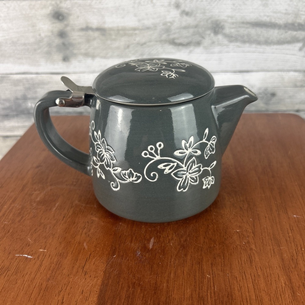 Temp-Tations by Tara Slate Blue Gray Floral Lace Teapot 18 oz Ceramic Beverage